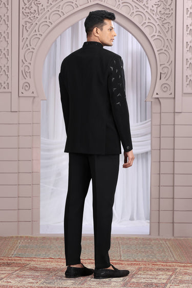 Fancy Fabric Black Sangeet Wear Readymade Men Stylish Indo Western Jodhpuri Suit