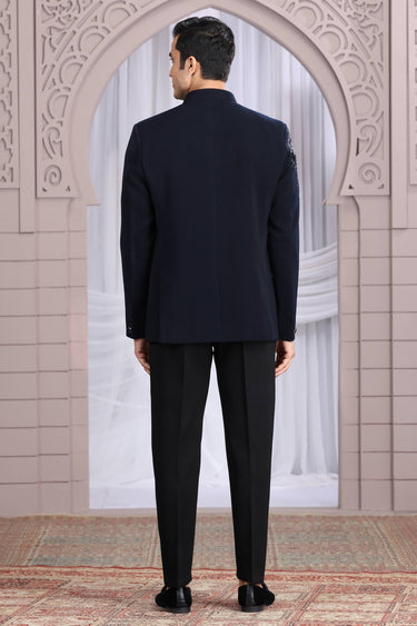 Navy Blue Fancy Fabric Wedding Wear Trendy Readymade Indo Western Jodhpuri Suit For Men
