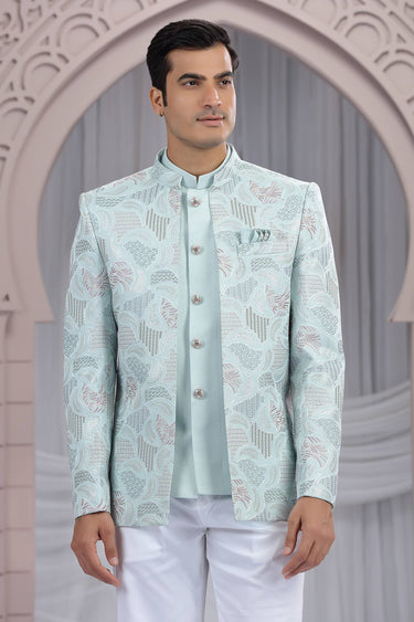 Art Silk Stunning Light Cyan Wedding Wear Readymade Men Indo Western Jodhpuri Suit