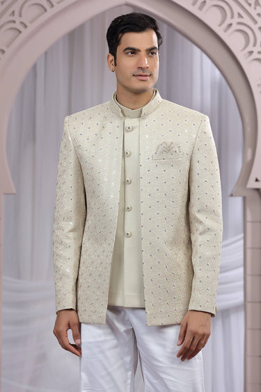 Beige Pretty Art Silk Wedding Wear Readymade Men Indo Western Jodhpuri Suit