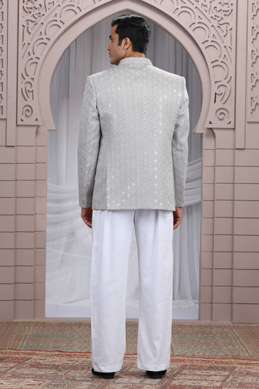 Art Silk Beautiful Grey Wedding Wear Readymade Indo Western Jodhpuri Suit For Men