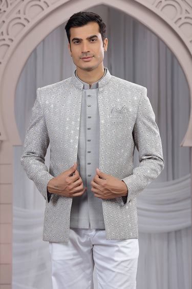 Art Silk Beautiful Grey Wedding Wear Readymade Indo Western Jodhpuri Suit For Men