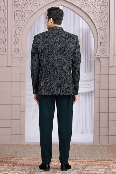 Velvet Teal Wedding Wear Attractive Readymade Men Indo Western Jodhpuri Suit