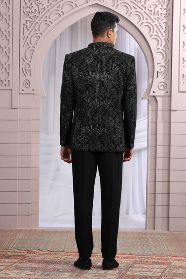 Velvet Black Wedding Wear Readymade Glamorous Indo Western Jodhpuri Suit For Men