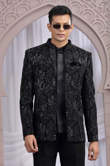 Velvet Black Wedding Wear Readymade Glamorous Indo Western Jodhpuri Suit For Men