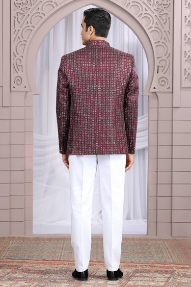 Wine Art Silk Graceful Readymade Men Indo Western Jodhpuri Suit