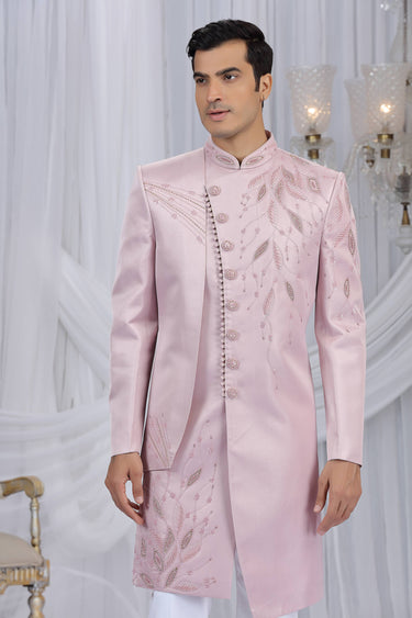 Embroidered Art Silk Pink Readymade Indo Western For Men