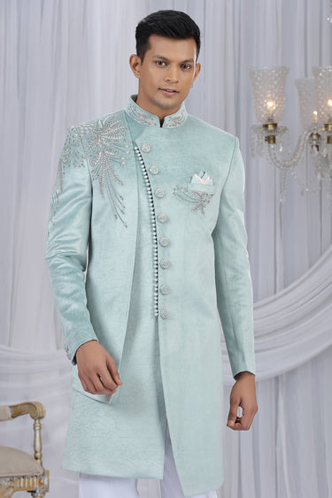 Light Cyan Velvet Fabric Wedding Wear Indo Western For Men