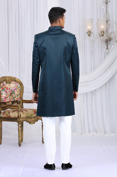 Embroidered Art Silk Navy Blue Readymade Indo Western For Men