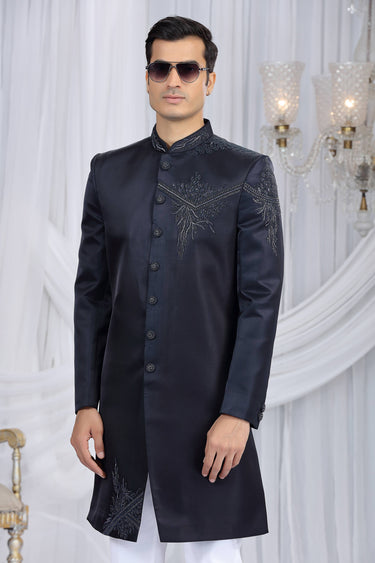 Art Silk Navy Blue Readymade Indo Western For Men