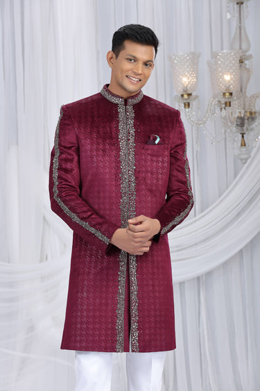 Embroidered Velvet Wine Wedding Wear Indo Western For Men