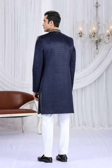 Velvet Navy Blue Readymade Indo Western For Men