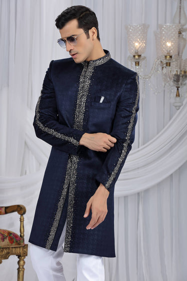 Velvet Navy Blue Readymade Indo Western For Men