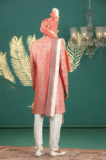 Banarasi Jacquard Red Wedding Wear Readymade Men Stylish Sherwani With Stole
