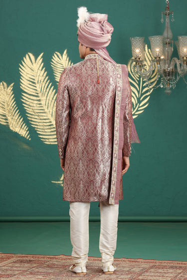 Banarasi Jacquard Wine Wedding Wear Readymade Designer Men Sherwani With Stole