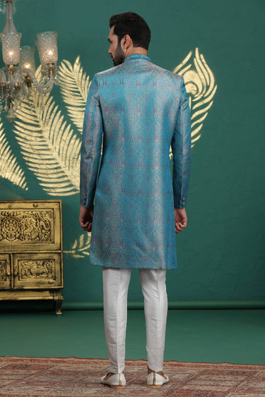 Cyan Gorgeous Banarasi Jacquard Wedding Wear Readymade Sherwani For Men