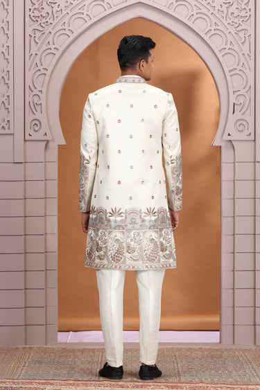 Beige Art Silk Readymade 3 Piece Indo Western For Men