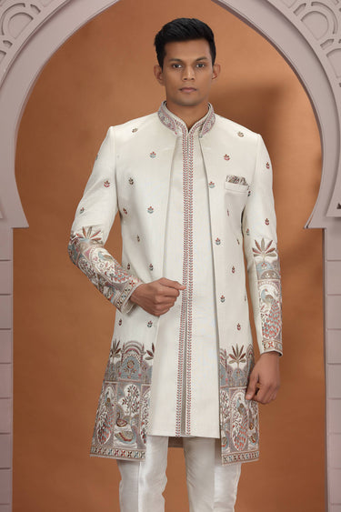 Beige Art Silk Readymade 3 Piece Indo Western For Men