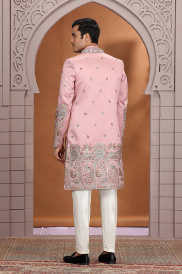 Art Silk Pink Wedding Wear 3 Piece Indo Western For Men
