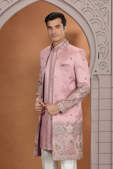 Art Silk Pink Wedding Wear 3 Piece Indo Western For Men
