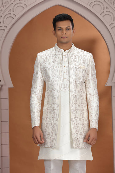 Art Silk Off White Wedding Wear 3 Piece Indo Western For Men