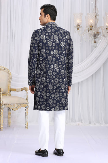 Embroidered Blue Wedding Wear Indo Western For Men