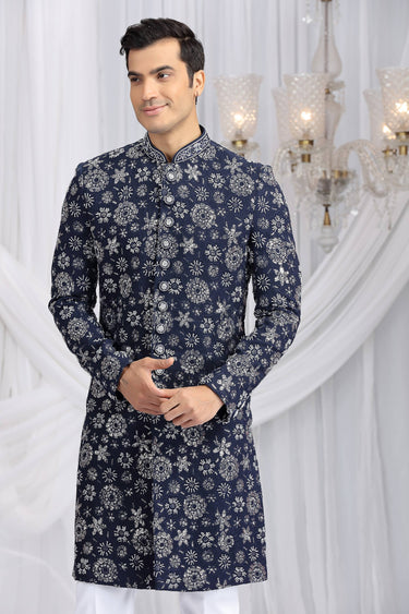 Embroidered Blue Wedding Wear Indo Western For Men