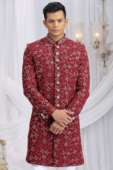 Maroon Art Silk Fabric Readymade Indo Western For Men