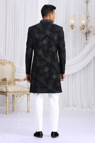 Navy Blue Art Silk Readymade Indo Western For Men