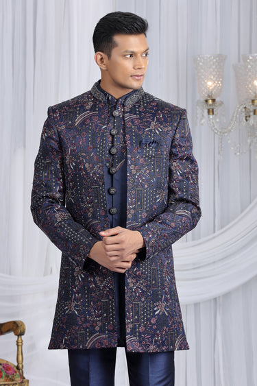 Art Silk Fabric Navy Blue Readymade Indo Western For Men