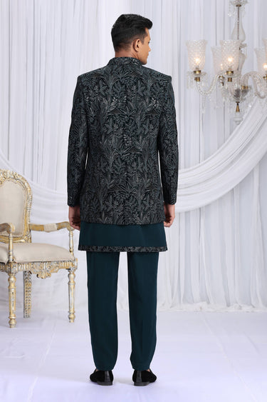 Embroidered velvet Silk Teal Wedding Wear Indo Western For Men