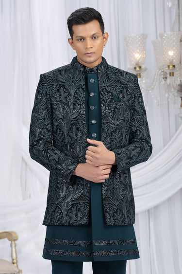 Embroidered velvet Silk Teal Wedding Wear Indo Western For Men