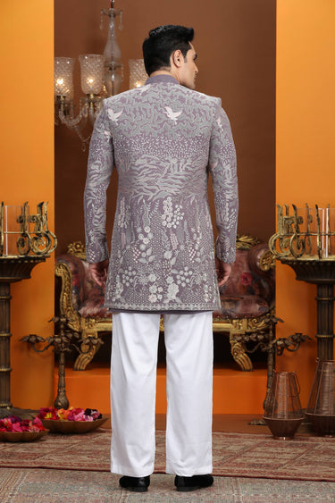 Embroidered Art Silk Purple 3 Piece Indo Western For Men