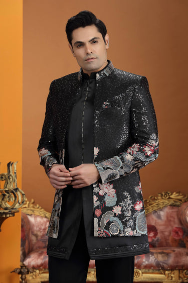 Art Silk Black Wedding Wear 3 Piece Indo Western For Men