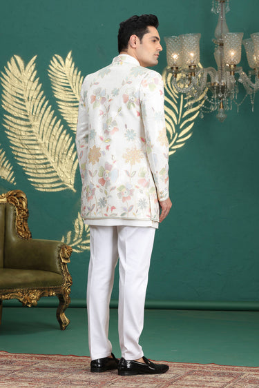 Off White Wedding Wear Art Silk 3 Piece Indo Western For Men