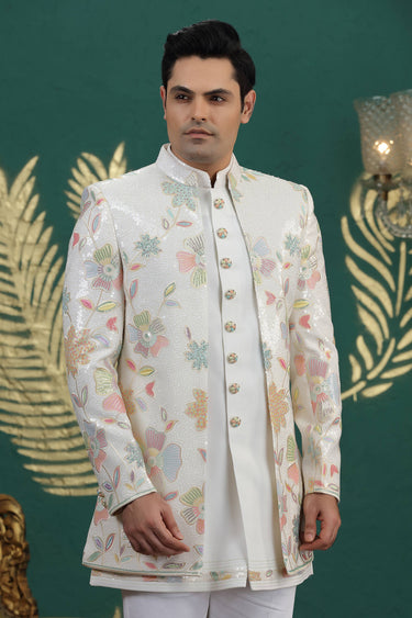 Off White Wedding Wear Art Silk 3 Piece Indo Western For Men