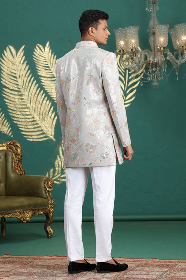 Art Silk Grey Wedding Wear 3 Piece Indo Western For Men