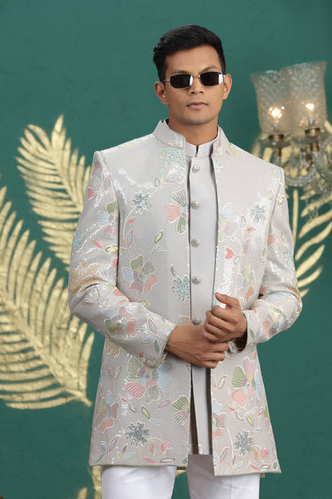 Art Silk Grey Wedding Wear 3 Piece Indo Western For Men