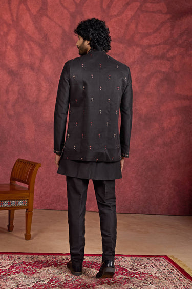 Black Art Silk Readymade Men Kurta Pyjama With Jacket