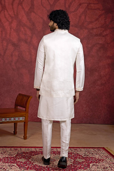 Art Silk Fabric Off White Readymade Kurta Pyjama With Jacket For Men