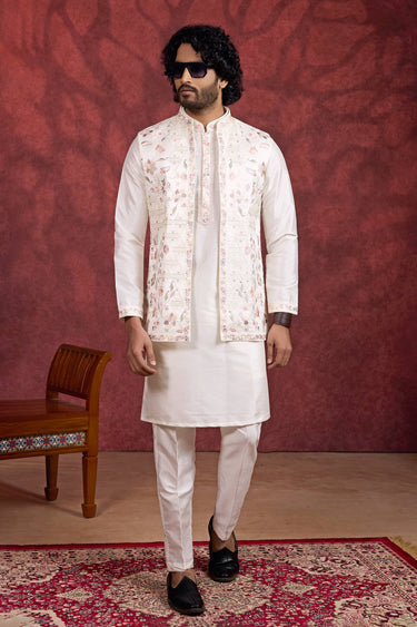 Art Silk Fabric Off White Readymade Kurta Pyjama With Jacket For Men
