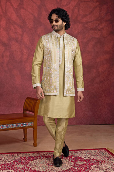 Light Brown Art Silk Readymade Men Kurta Pyjama With Jacket