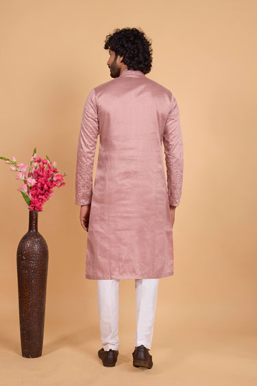 Pink Festive Wear Art Silk Fabric Embroidered Kurta Pyjama For Men