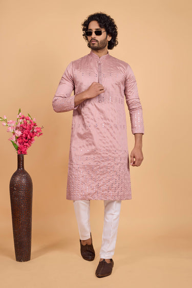 Pink Festive Wear Art Silk Fabric Embroidered Kurta Pyjama For Men