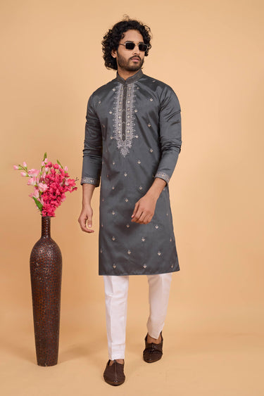 Grey Festive Wear Art Silk Fabric Kurta Pyjama For Men