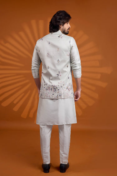 Grey Wedding Wear Art Silk Fabric Readymade Kurta And Aligadhi Pant With Embroidered Jacket For Men