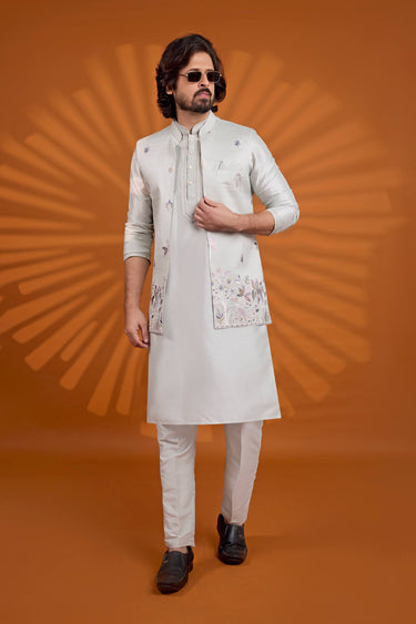 Grey Wedding Wear Art Silk Fabric Readymade Kurta And Aligadhi Pant With Embroidered Jacket For Men