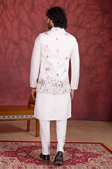Art Silk Off White Wedding Wear Readymade Kurta And Aligadhi Pant For Men