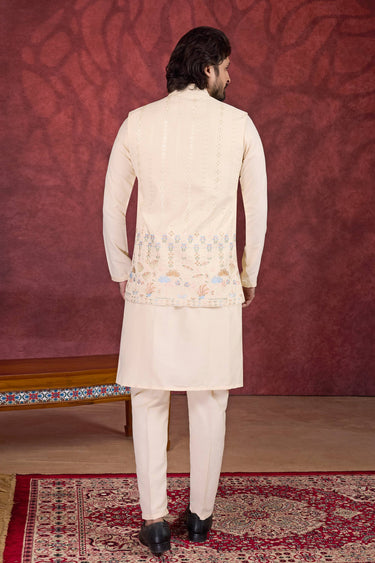 Cream Wedding Wear Art Silk Fabric Readymade Kurta And Aligadhi Pant For Men