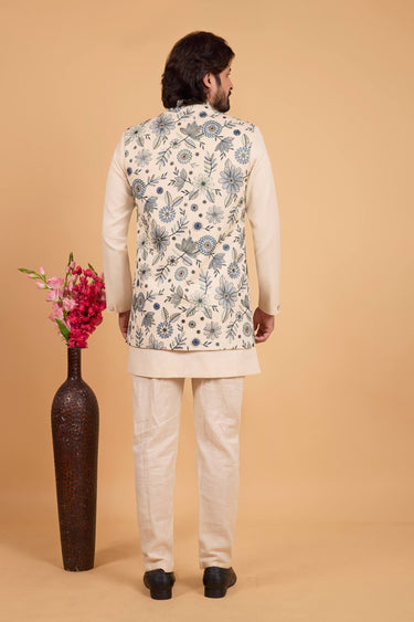 Beige Art Silk Readymade Kurta And Aligadhi Pant With Embroidered Jacket For Men